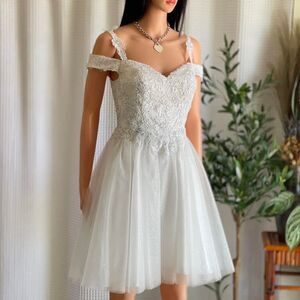 Cinderella Divine Off-Shoulder White Corset Mini Dress Sparkle Tulle Appliqué XS
